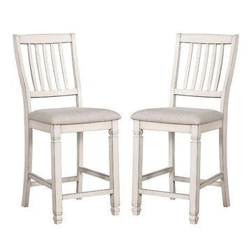 Pack Of 2 Counter Height Chairs In Antique White And Light Gray Solid Antique White Dining Room Dining Chairs Slat Back Wood Fabric