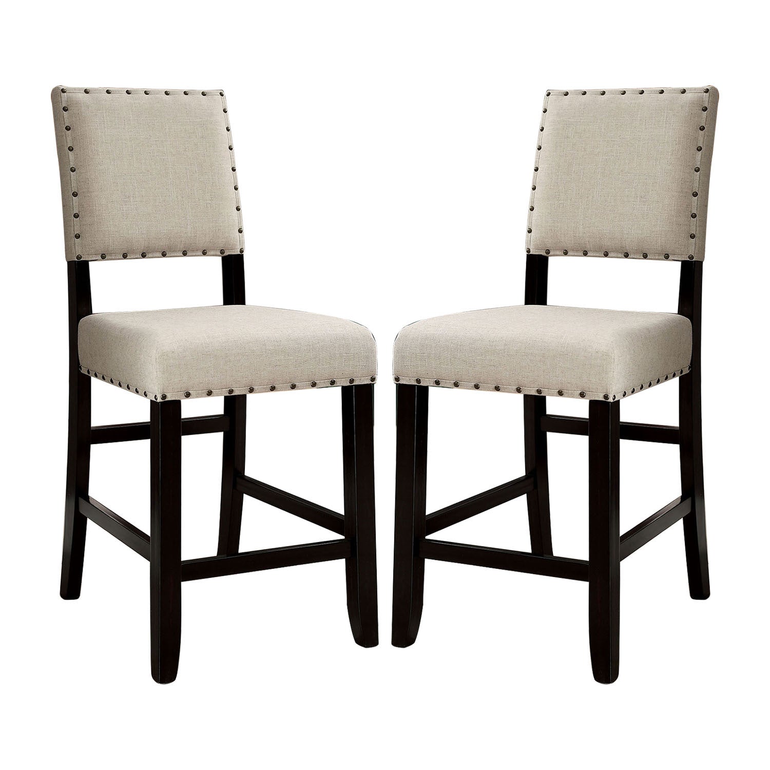 Set Of 2 Counter Height Chairs In Antique Black And Beige Solid Antique Black Dining Room Wood Fabric