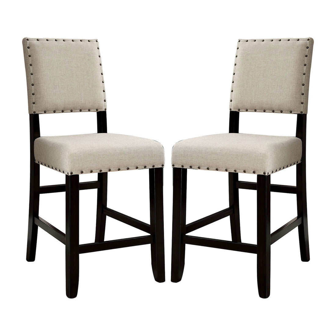 Set Of 2 Counter Height Chairs In Antique Black And Beige Solid Antique Black Dining Room Wood Fabric