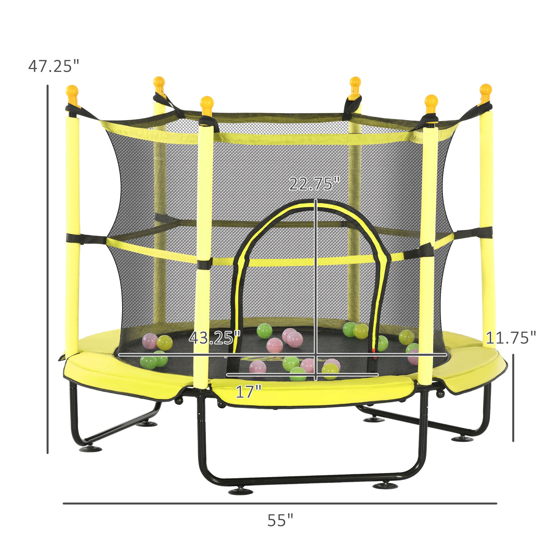 Qaba 4.6' Trampoline For Kids, 55 Inch Toddler Trampoline With Safety Enclosure & Ball Pit For Indoor Or Outdoor Use, Built For Kids 3 10 Years, Yellow Yellow Steel