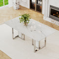 A Modern, Minimalist And Luxurious White Rectangular With A Patterned Dining Table. Mdf Table And Stainless Steel Frame. Game Table. Used For Restaurants And Living Rooms 78.7