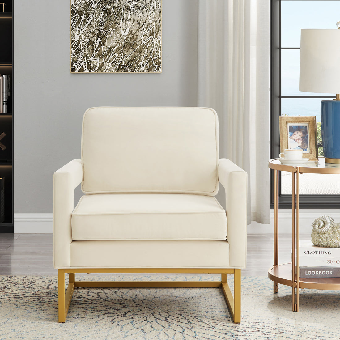 Modern Style Accent Chair With Gold Metal Basevelvet Upholstered Leisure Chair With Open Armrest, Armchair, Cream Cream Primary Living Space Modern Foam Velvet