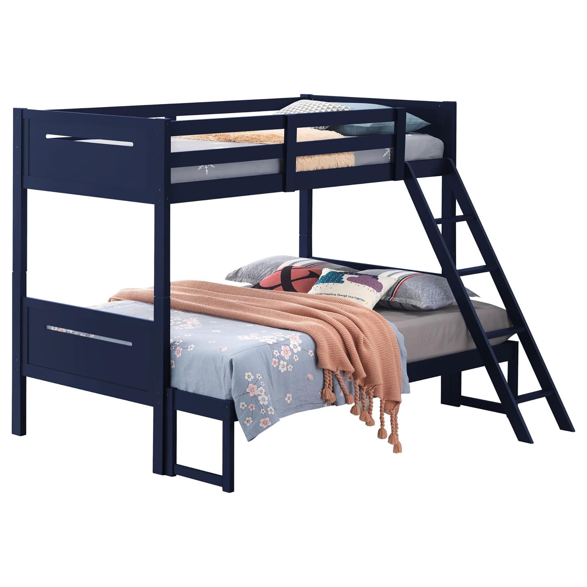 Blue Twin Full Bunk Bed With Built In Ladder Blue Bedroom Transitional Rubberwood Wood