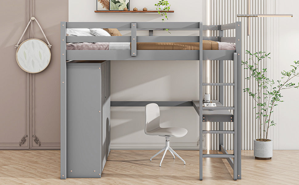 Wood Full Size Loft Bed With Built In Wardrobe, Desk, Storage Shelves And Drawers, Gray Box Spring Not Required Full Gray Wood Bedroom Bed Frame Solid Wood Mdf