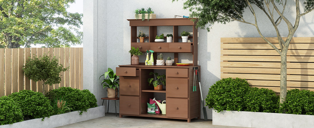 Garden Potting Bench Table, Rustic And Sleek Design With Multiple Drawers And Shelves For Storage, Brown Brown Garden & Outdoor Rustic Wood