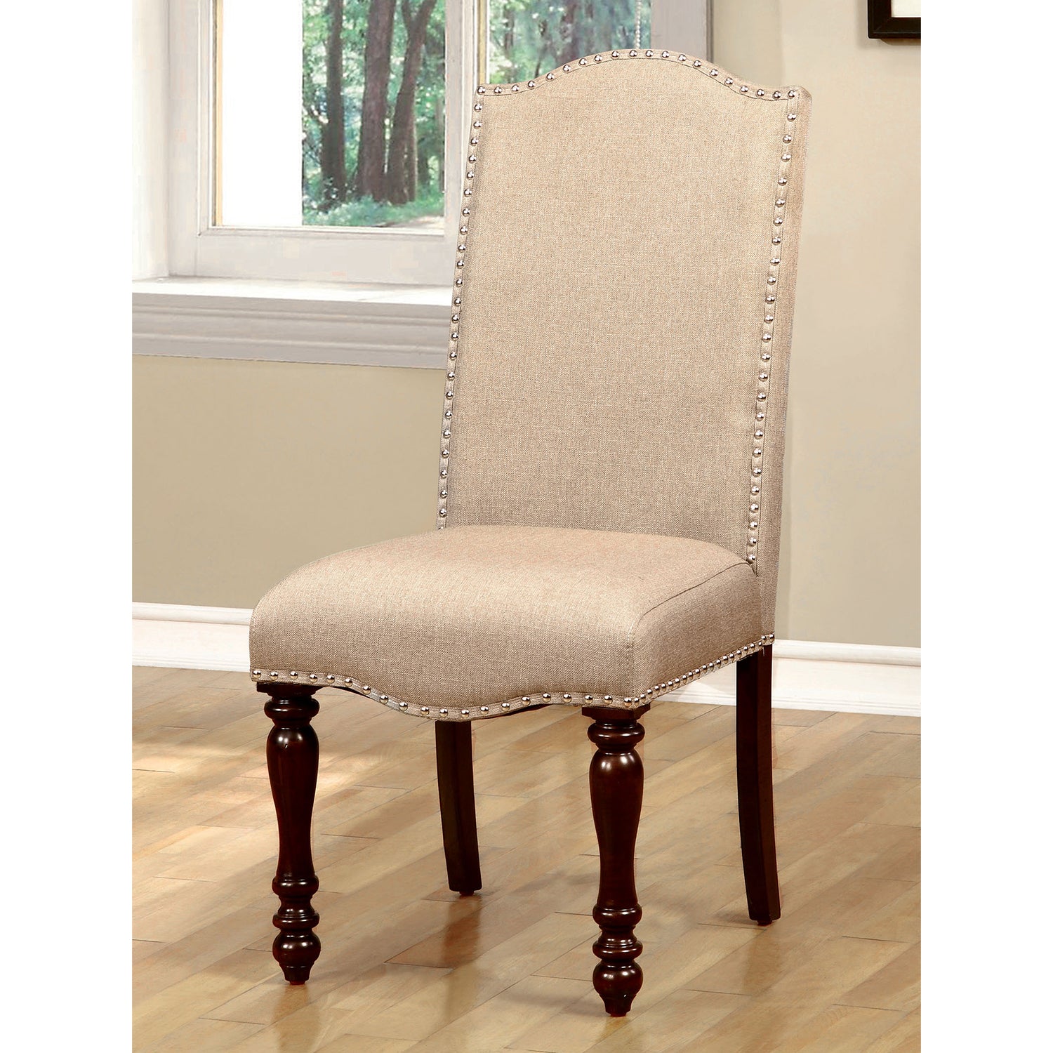 Set Of 2 Fabric Upholstered Dining Chairs In Antique Cherry And Beige Solid Cherry Dining Room Dining Chairs Solid Back Wood Fabric