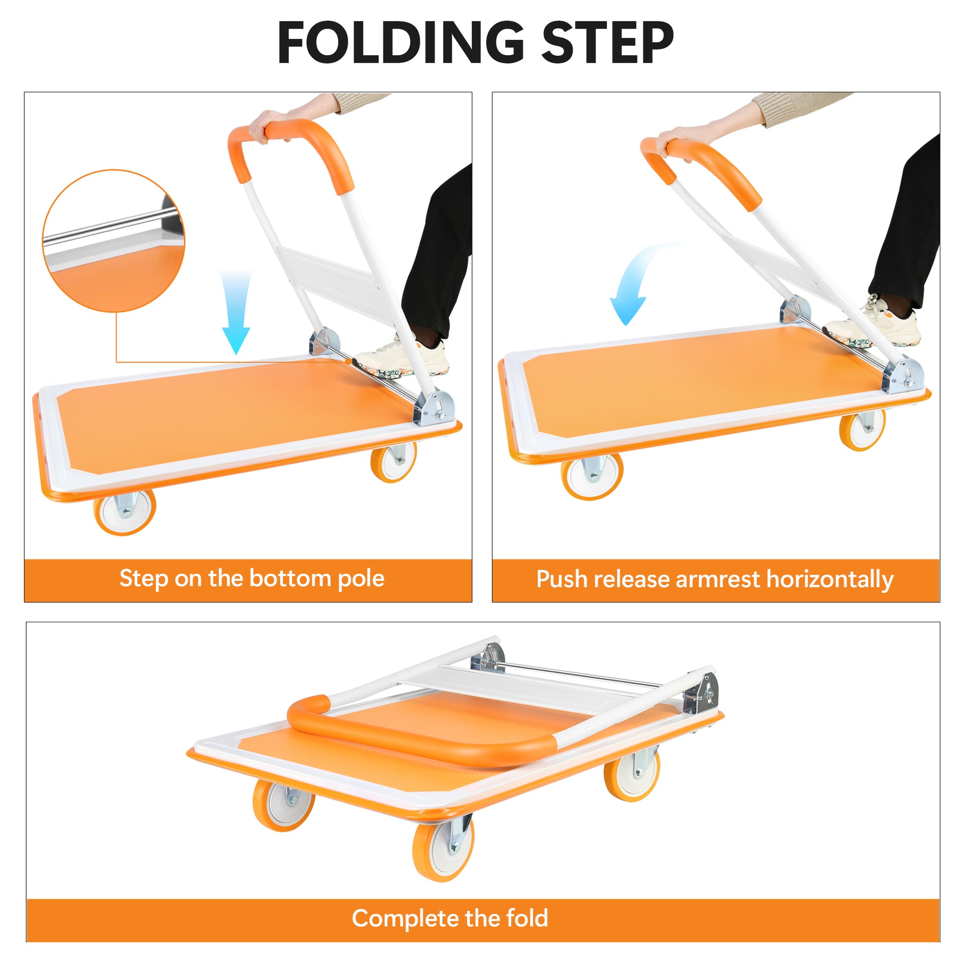 Foldable Push Cart Dolly 660 Lb. Capacity Heavy Duty Moving Platform Hand Truck Folding & Rolling White & Orange Flatbed Carts Orange Steel