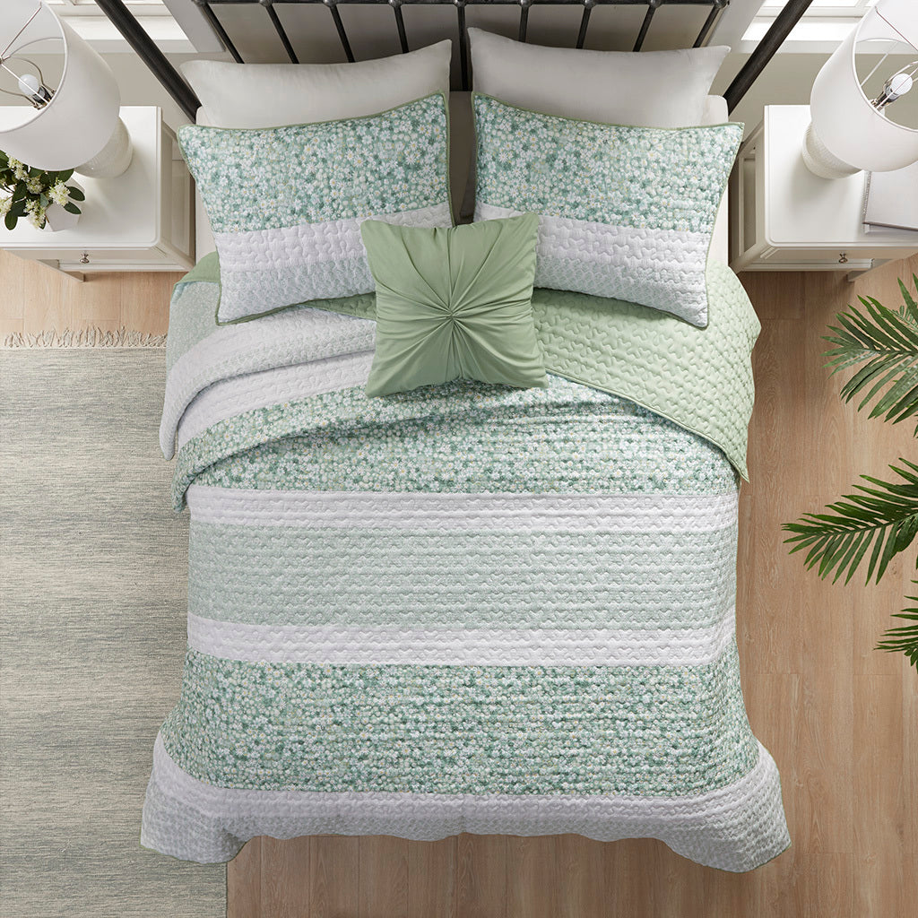 4 Piece Seersucker Quilt Set With Throw Pillow Green Polyester