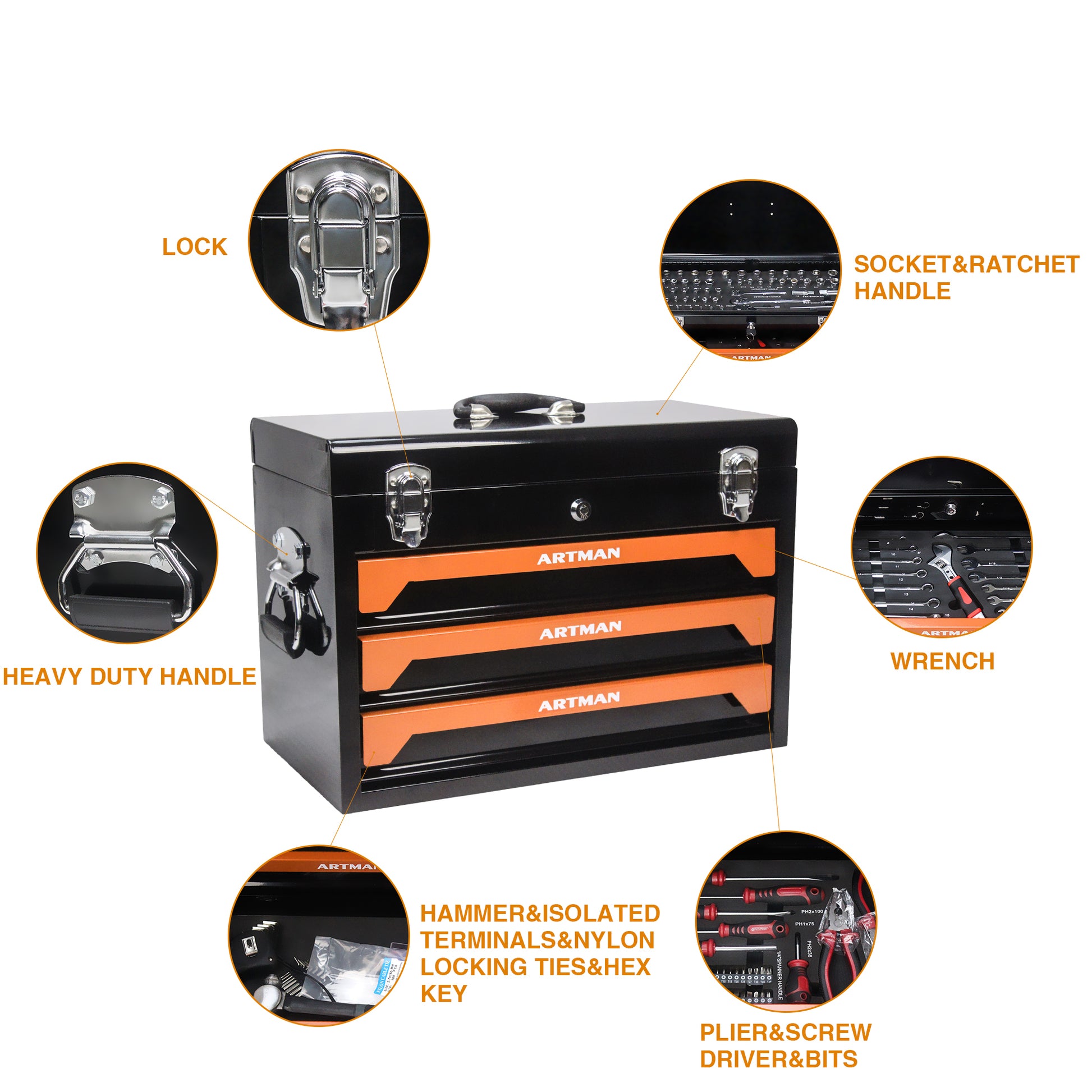 3 Drawers Tool Box with Tool Set Orange orange-steel