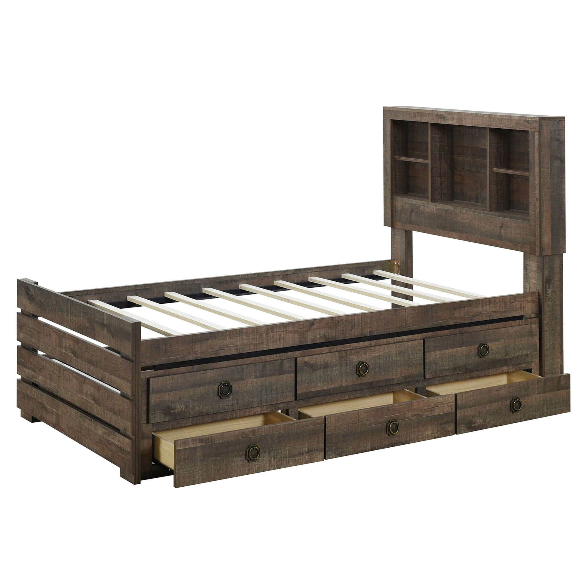 Farmhouse Style Full Size Bookcase Captain Bed With Three Drawers And Trundle, Rustic Brown Box Spring Not Required Full Rustic Brown Wood Bedroom Traditional Plywood