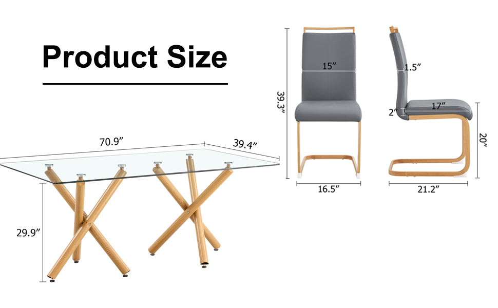 1 Table And 4 Chairs. Glass Dining Table With 0.39 "Tempered Glass Tabletop And Wooden Metal Legs.Grey Puleather High Backrest Soft Padded Side Chair With Wooden Color C Shaped Tube Chrome Metal Leg Transparent Glass