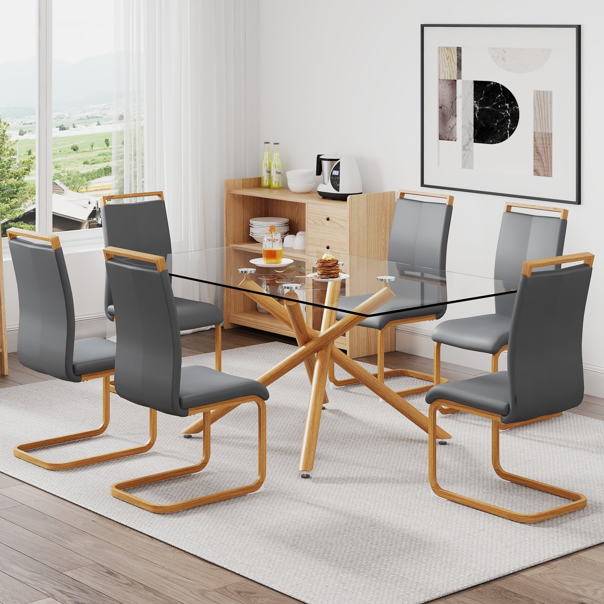 1 Table With 6 Chairs. Glass Dining Table With 0.39 "Tempered Glass Tabletop And Wooden Metal Legs. Pu Leather High Backrest Cushioned Side Chair With C Shaped Chrome Metal Legs. Transparent Glass