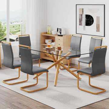 1 Table With 6 Chairs. Glass Dining Table With 0.39 "Tempered Glass Tabletop And Wooden Metal Legs. Pu Leather High Backrest Cushioned Side Chair With C Shaped Chrome Metal Legs. Transparent Glass