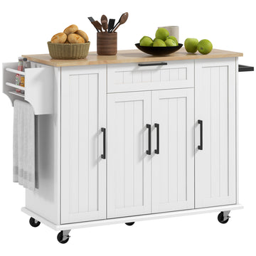 Homcom Kitchen Island On Wheels, Rolling Kitchen Cart With Rubberwood Top, Drawer, Spice Rack, Towel Rack, Storage Cabinet With Inner Adjustable Shelves, White White Mdf