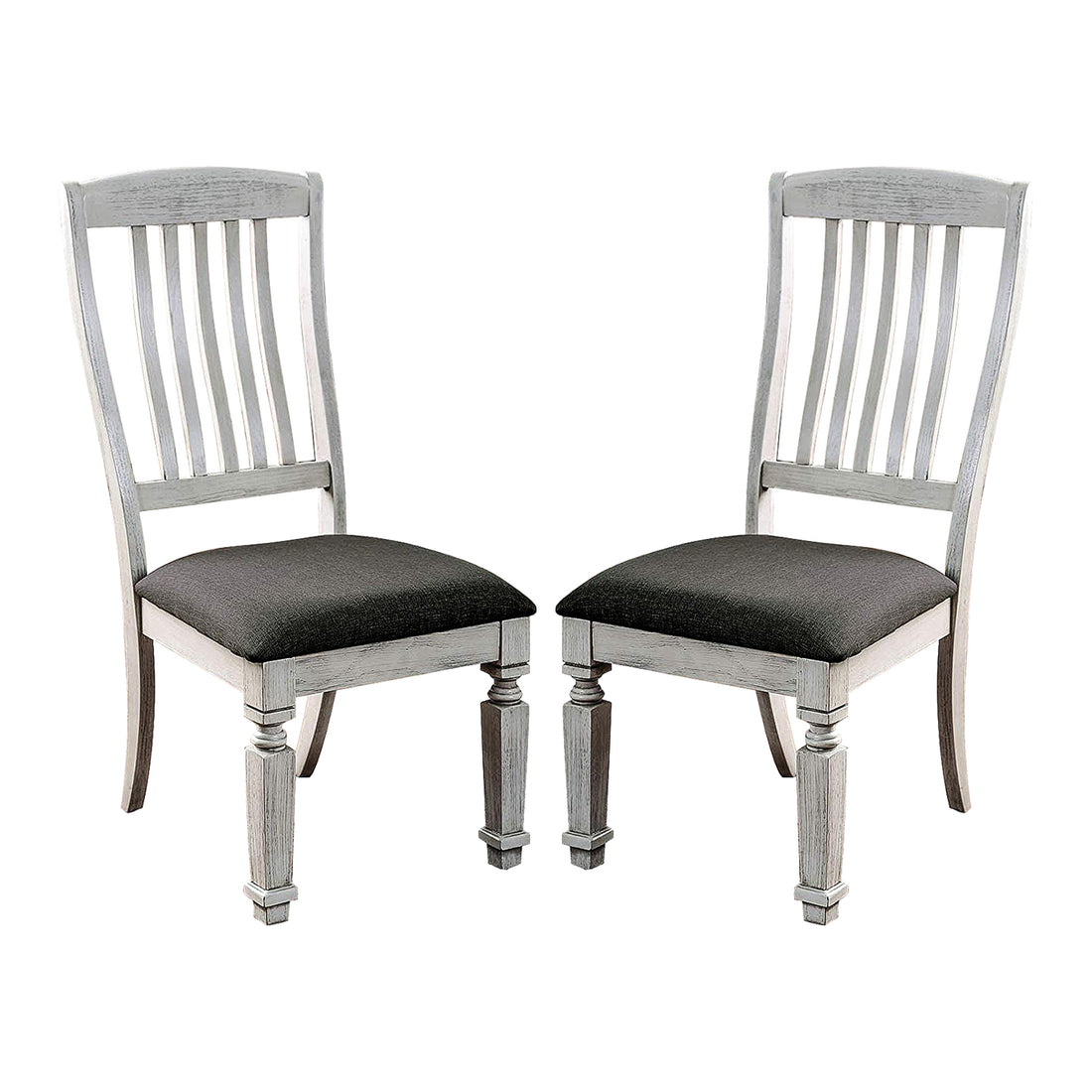 Set Of 2 Padded Fabric Seat Side Chairs In Antique White And Gray Solid Antique White Dining Room Dining Chairs Slat Back Wood Fabric