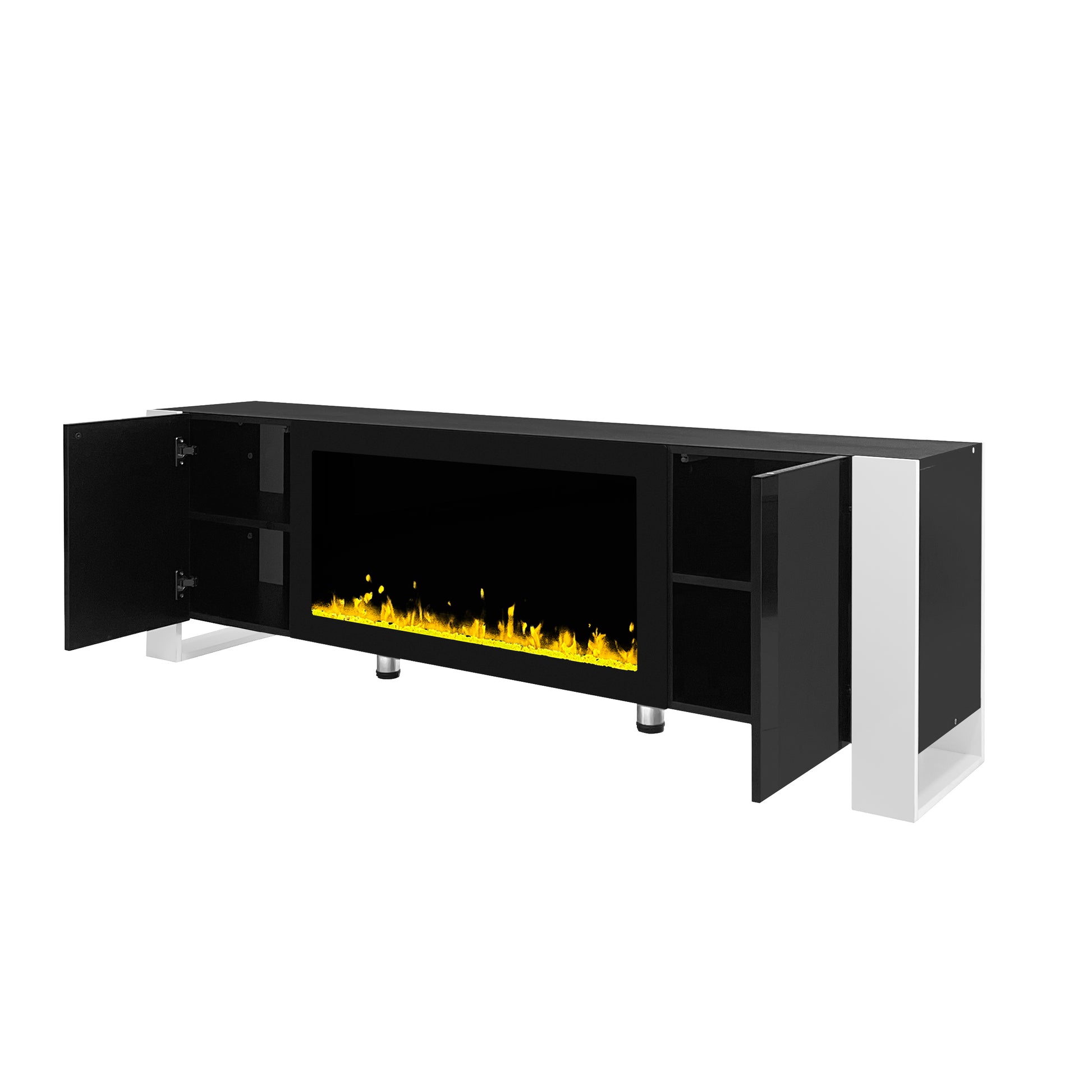 Modern Tv Stand With 34.2" Non Heating Electric Fireplace, High Gloss Entertainment Center With 2 Cabinets, Media Console For Tvs Up To 78", Black Black Primary Living Space 70 79 Inches 70 79 Inches Modern Mdf