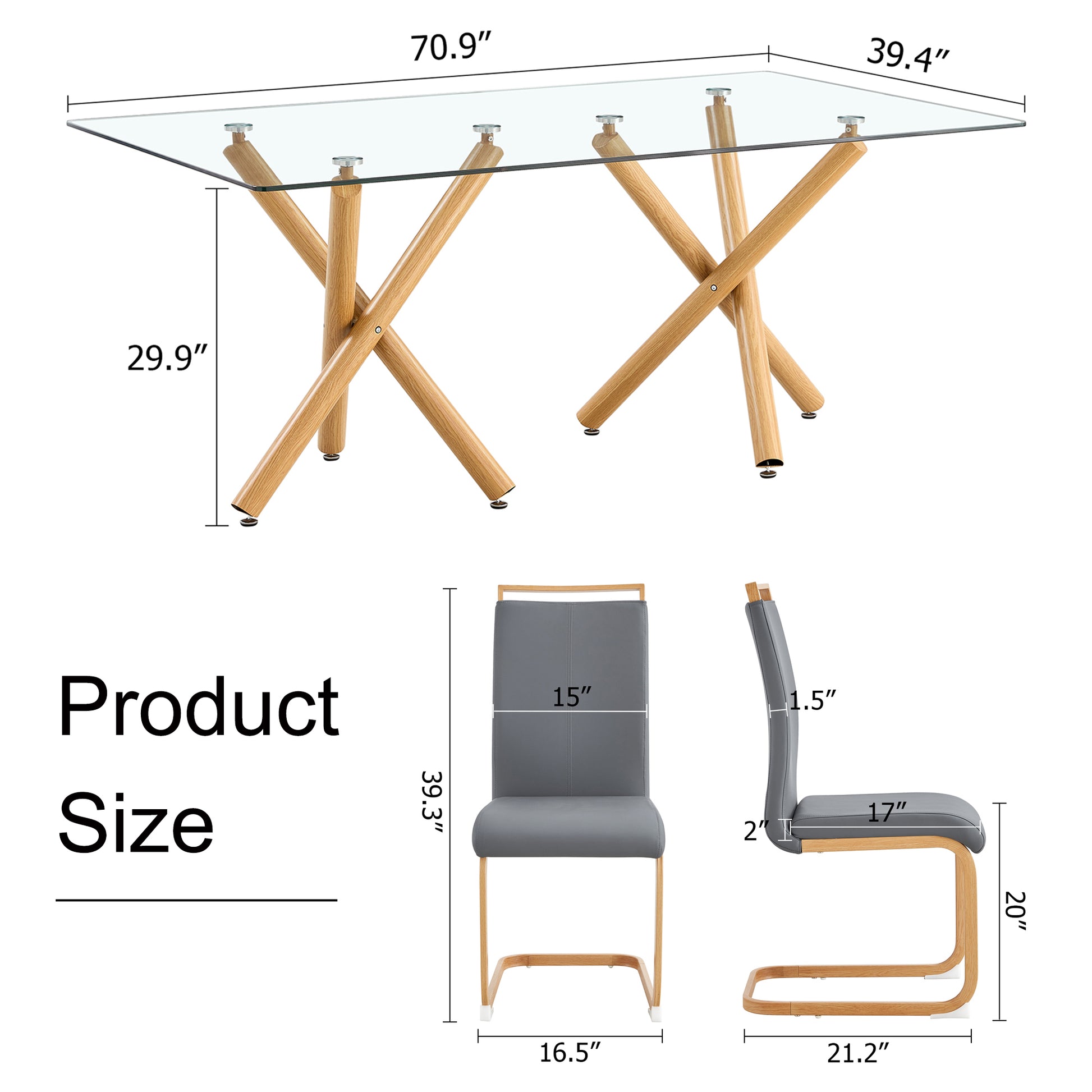 1 Table And 6 Chairs. Glass Dining Table With 0.39 "Tempered Glass Tabletop And Wooden Metal Legs. Grey Pu Leather High Backrest Soft Padded Side Chair With Wooden Color C Shaped Tube Chrome Metal Leg Transparent Glass