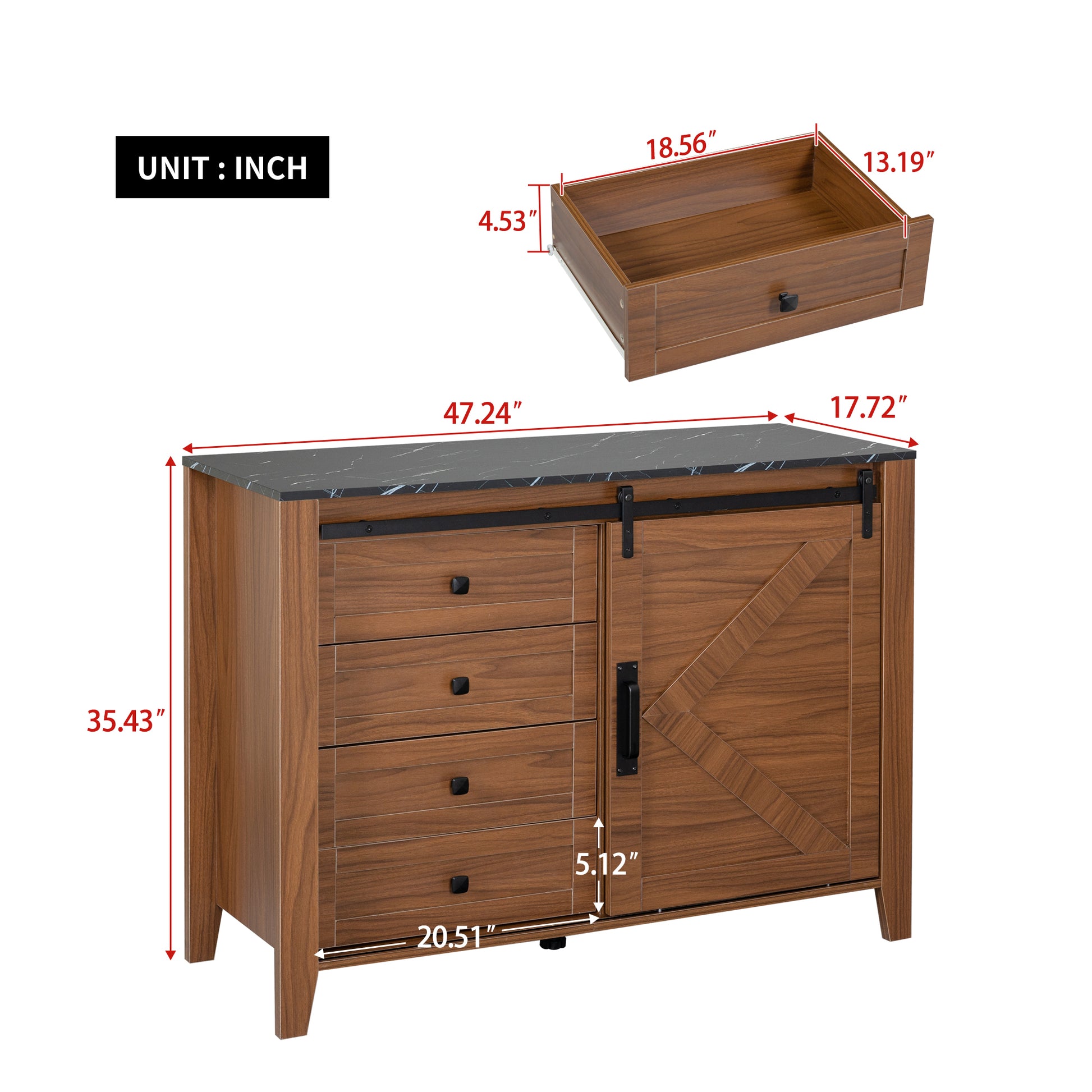 Drawer Dresser Cabinet,Sideboard,Bar Cabinet,Buffet Server Console,Table Storge Cabinets,Slide The Barn Door,Four Drawers,Metal Handle,For Dining Room,Living Room,Bedroom,Kitchen Hallway,Brown Black 3 4 Drawers Barn Door Brown Black Sliding Doors Primary