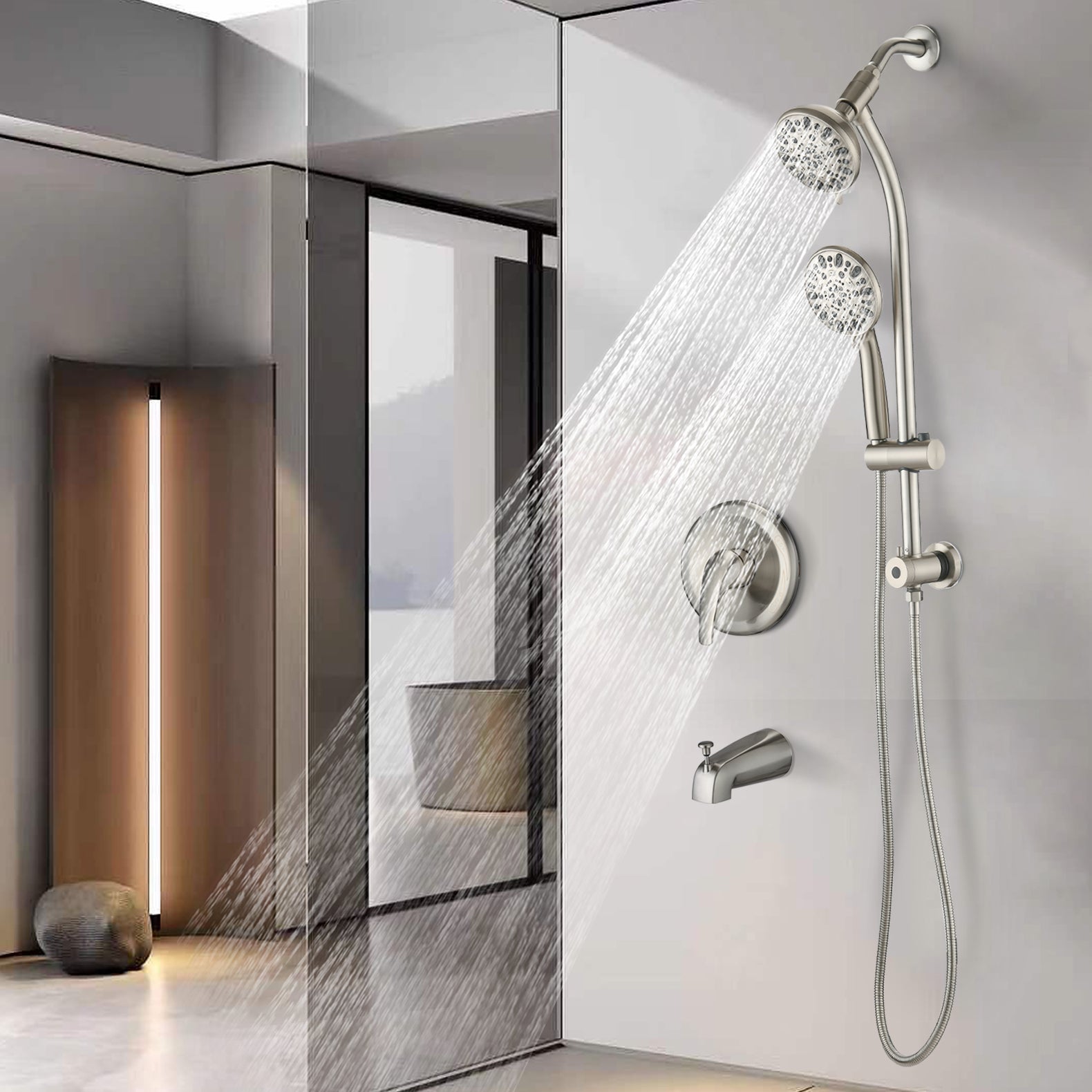 Drill Free Stainless Steel Slide Bar Combo Rain Showerhead 7 Setting Hand, Dual Shower Head Spa System With Tup Spout Rough In Valve Included Brushed Nickel Abs