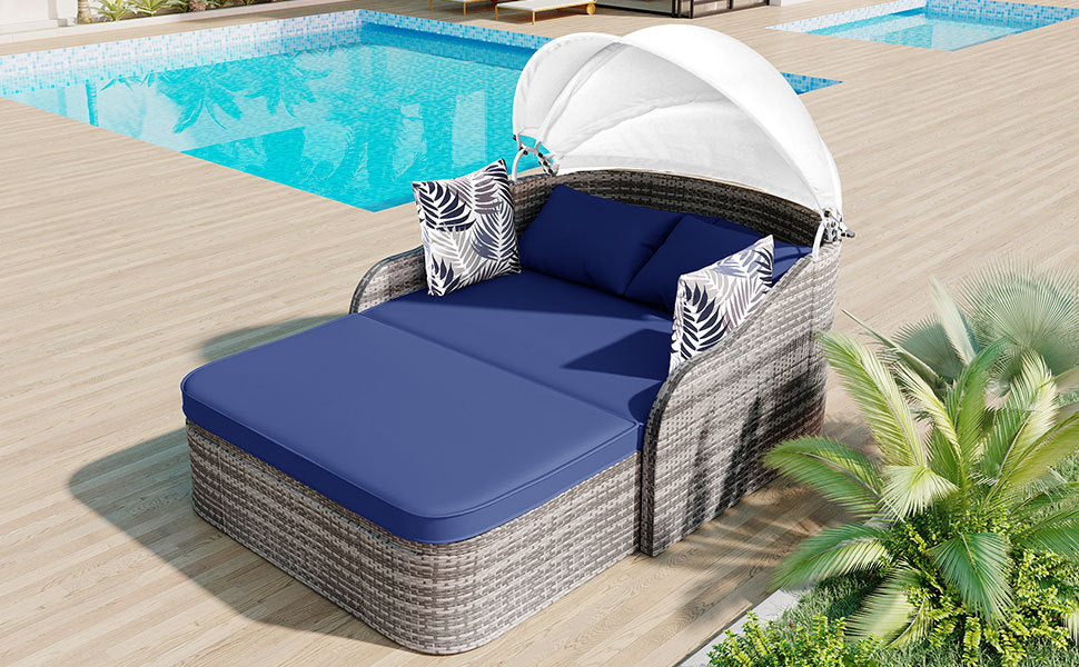 79.9" Outdoor Sunbed With Adjustable Canopy, Daybed With Pillows, Double Lounge, Pe Rattan Daybed, Gray Wicker And Blue Cushion Yes Blue Grey Garden & Outdoor Wicker