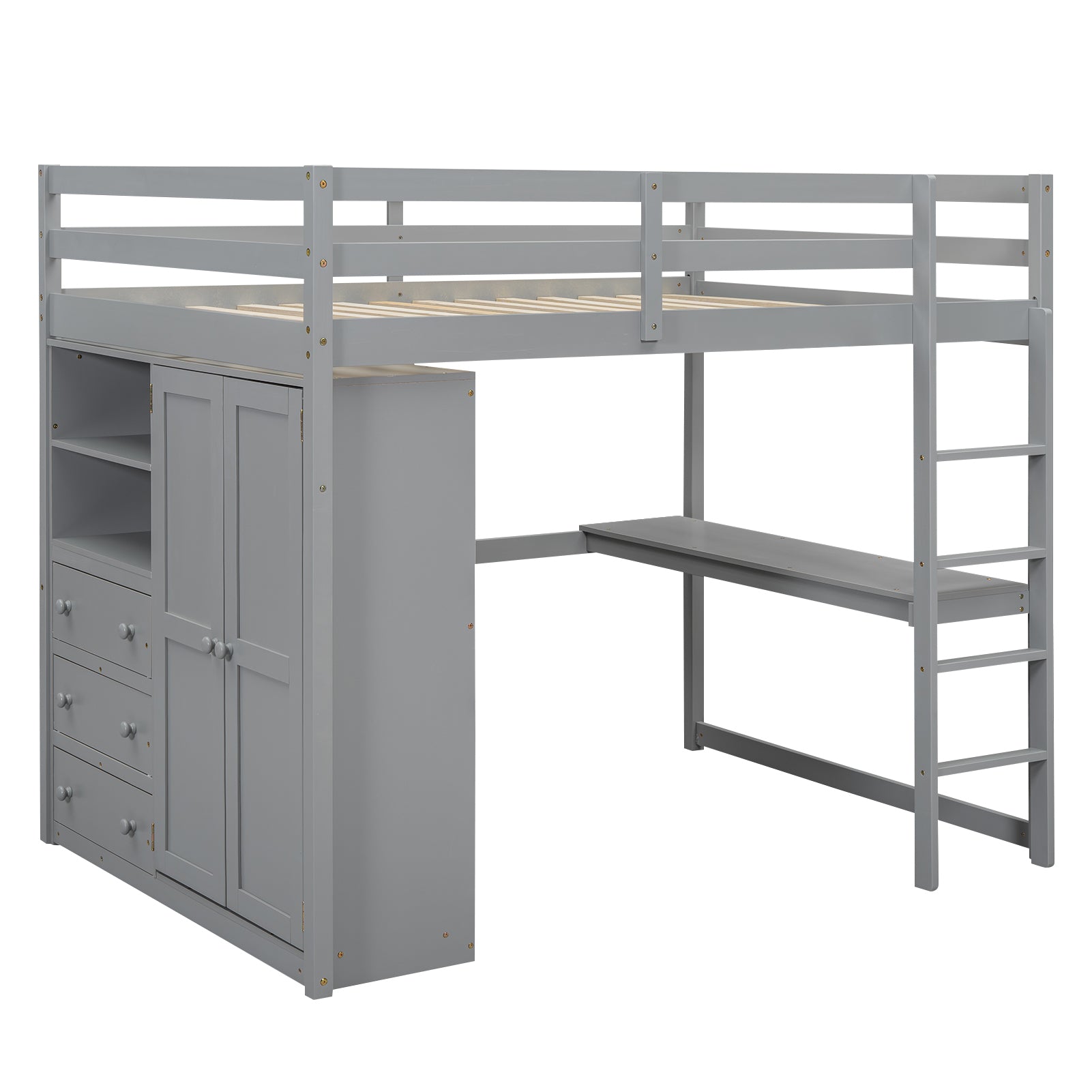 Wood Full Size Loft Bed With Built In Wardrobe, Desk, Storage Shelves And Drawers, Gray Box Spring Not Required Full Gray Wood Bedroom Bed Frame Solid Wood Mdf