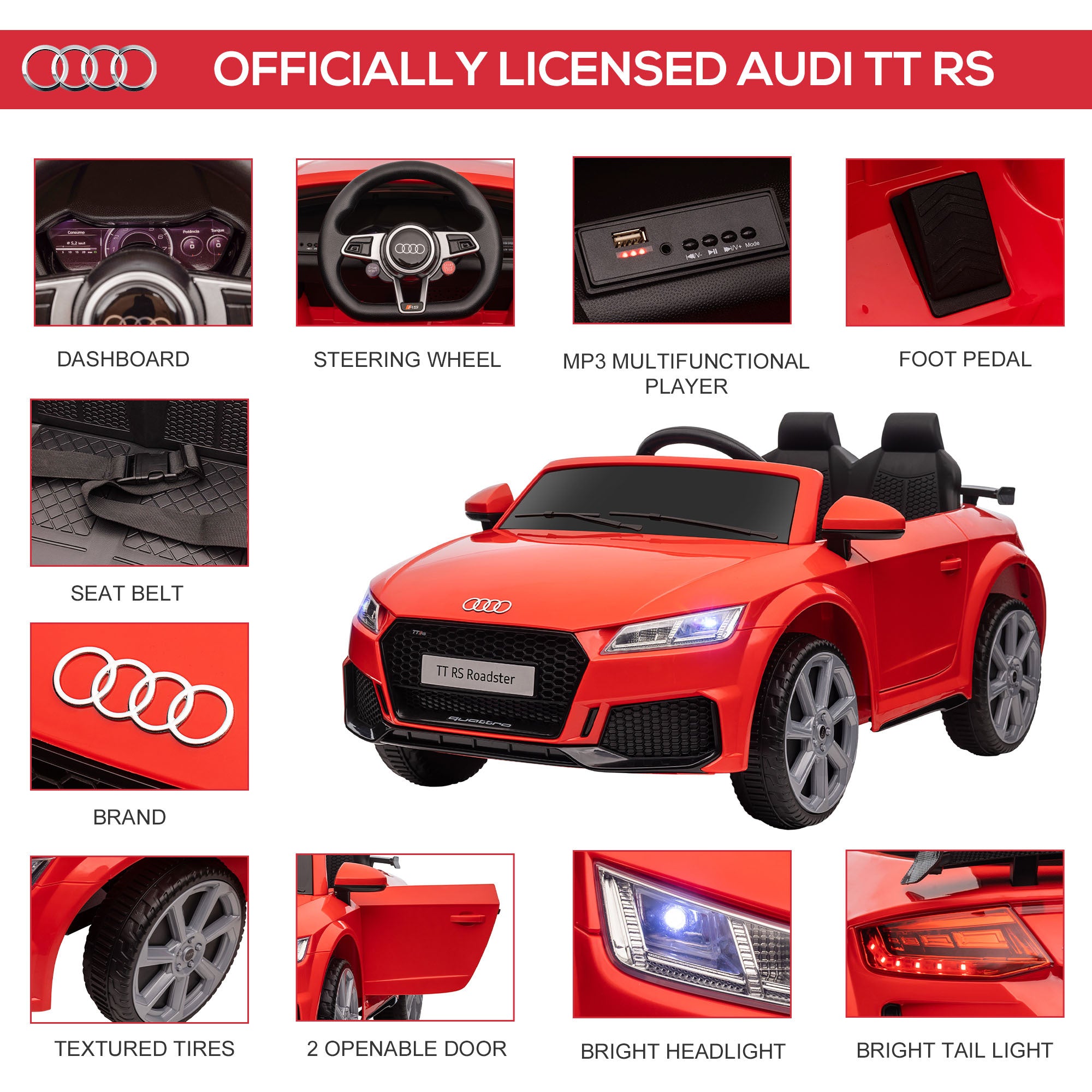 Aosom 6V Kids Electric Ride On Car, Licensed Audi TT red-steel