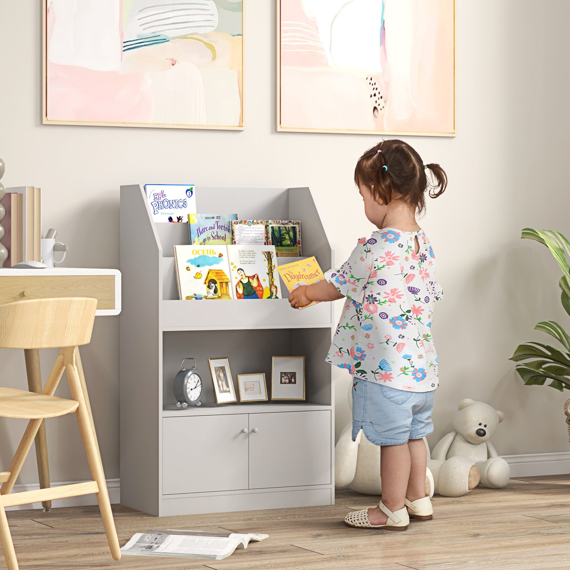 Qaba Toy Storage Cabinet, Kids Bookcase Children's gray-mdf