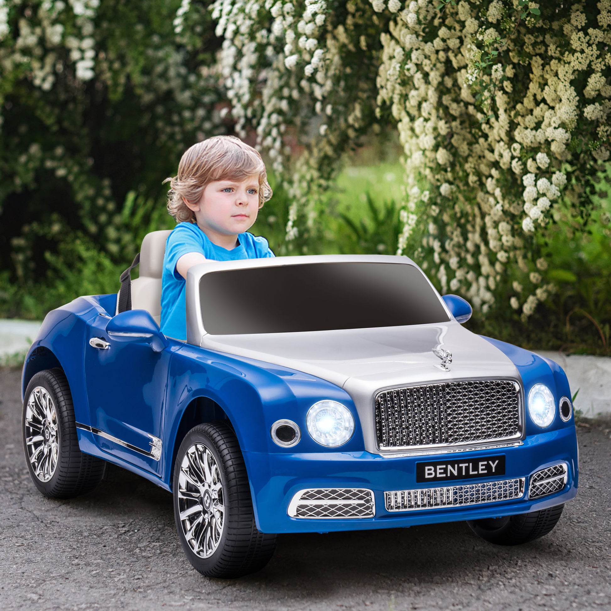 Aosom Bentley Mulsanne 12V Ride On Car, Battery Powered Car With Remote Control, Suspension, Startup Sound, Led Lights, Mp3, Horn, Music, Forward And Backward, 2 Motors, Blue Blue Steel