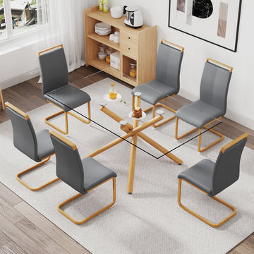 1 table with 6 chairs. Glass dining table with 0.39 transparent-glass