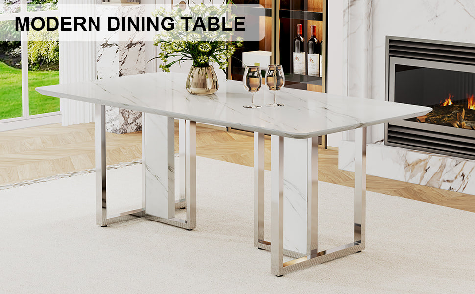 A Modern, Minimalist And Luxurious White Rectangular With A Patterned Dining Table. Mdf Table And Stainless Steel Frame. Game Table. Used For Restaurants And Living Rooms 78.7"*39.3"*30" White Mdf