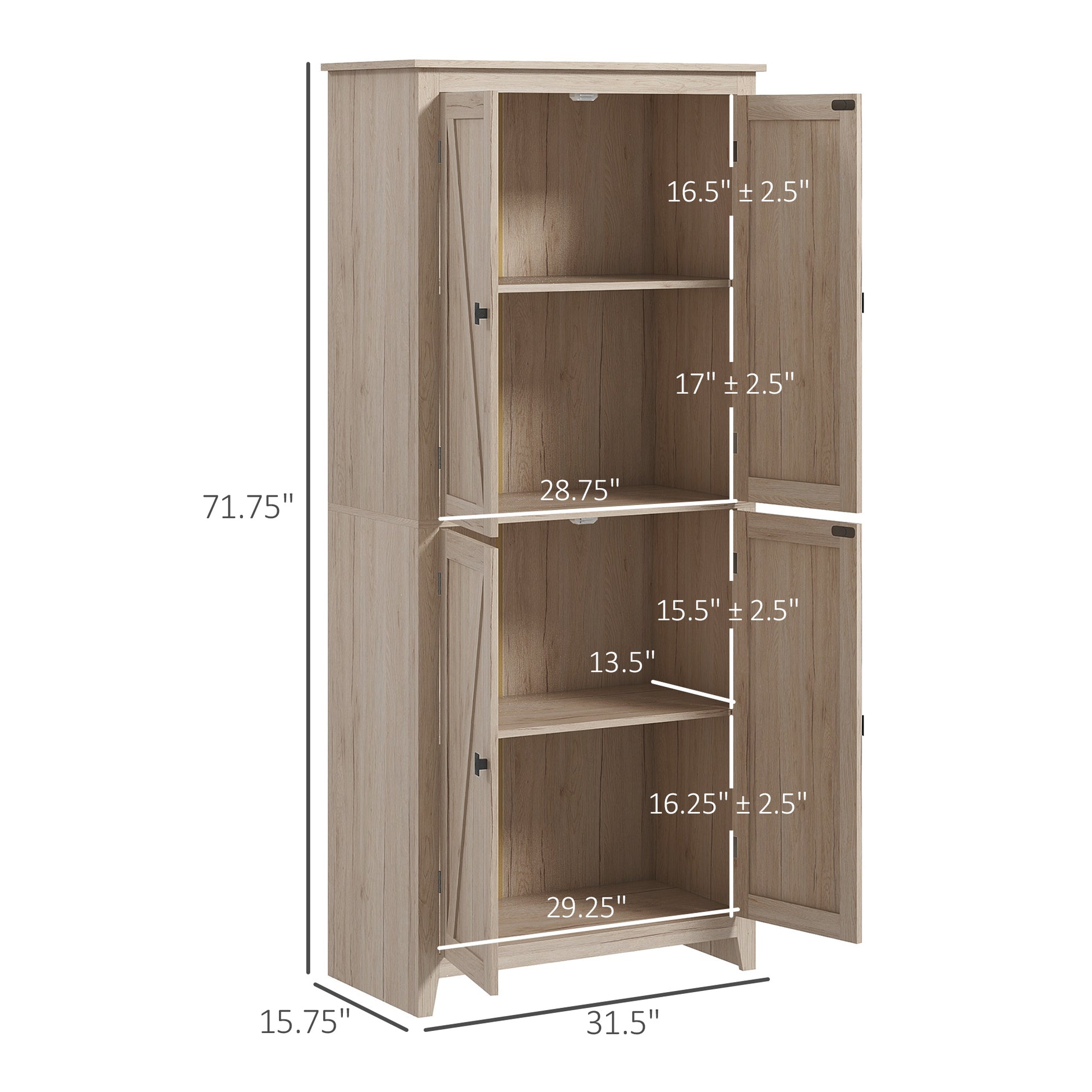 Homcom 72" Freestanding 4 Door Kitchen Pantry, Storage Cabinet Organizer With 4 Tiers, And Adjustable Shelves, Natural Natural Mdf