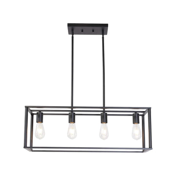 Pendant Lighting 4 Light Industrial Vintage Open Frame Rectangle Chandeliers Modern Black Linear Cage Ceiling Light Fixture Black Metal