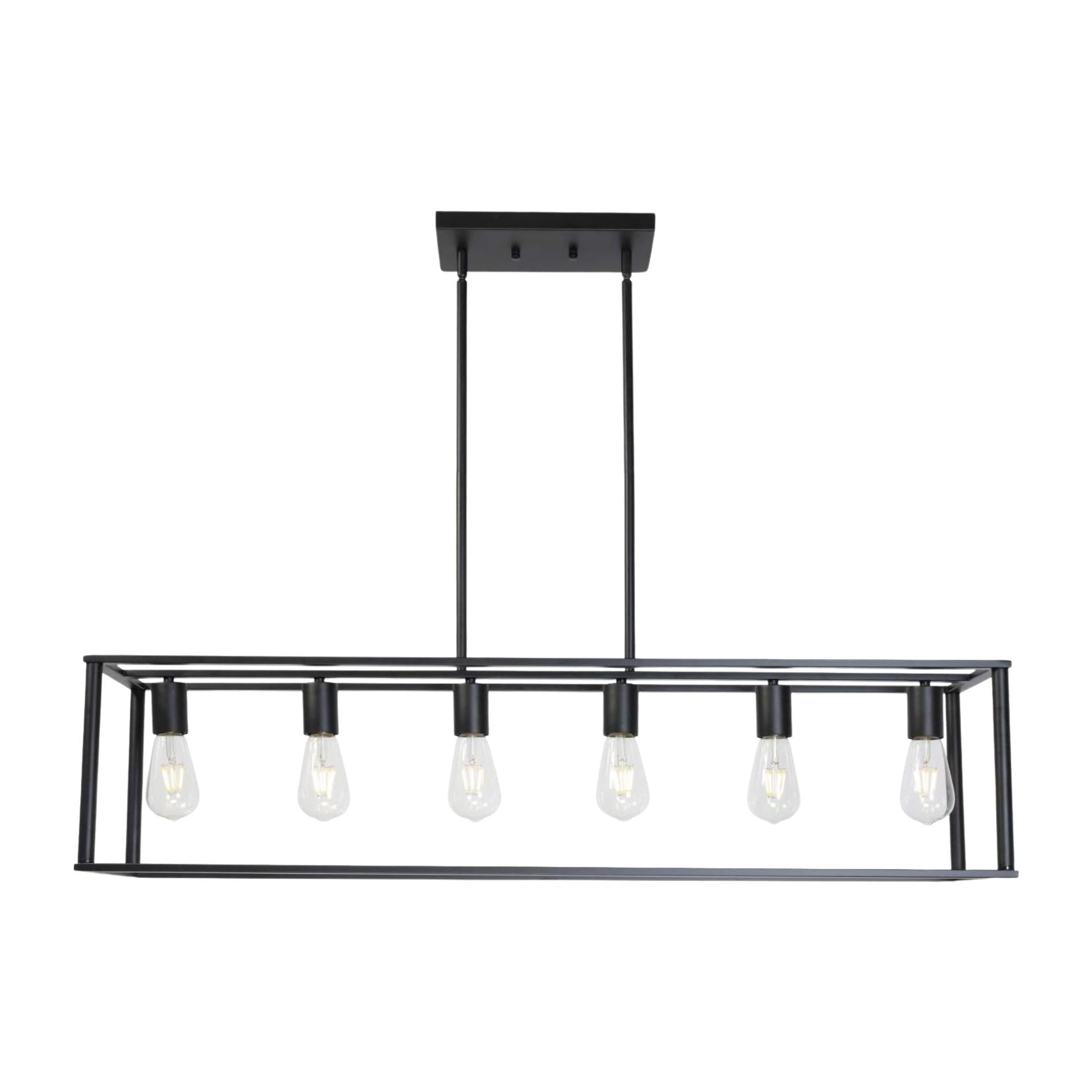 6 Light Rectangle Chandelier Contemporary Farmhouse Linear Pendant Lighting Black Industrial Vintage Kitchen Island Metal Cage Ceiling Light Fixture Black Metal