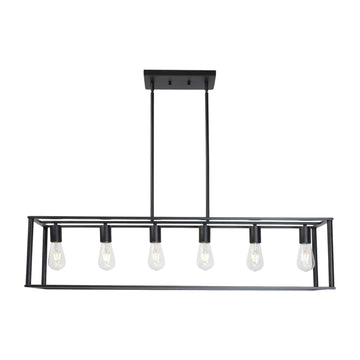 6 Light Rectangle Chandelier Contemporary Farmhouse Linear Pendant Lighting Black Industrial Vintage Kitchen Island Metal Cage Ceiling Light Fixture Black Metal