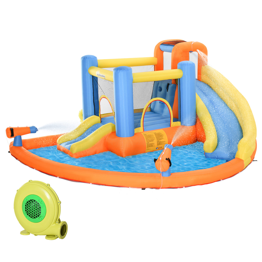 Outsunny Kids Inflatable Water Slide 5 In 1 Bounce House Water Park Jumping Castle With Water Pool, Slide, Climbing Walls, & 2 Water Cannons, 450W Air Blower Multicolor Fabric