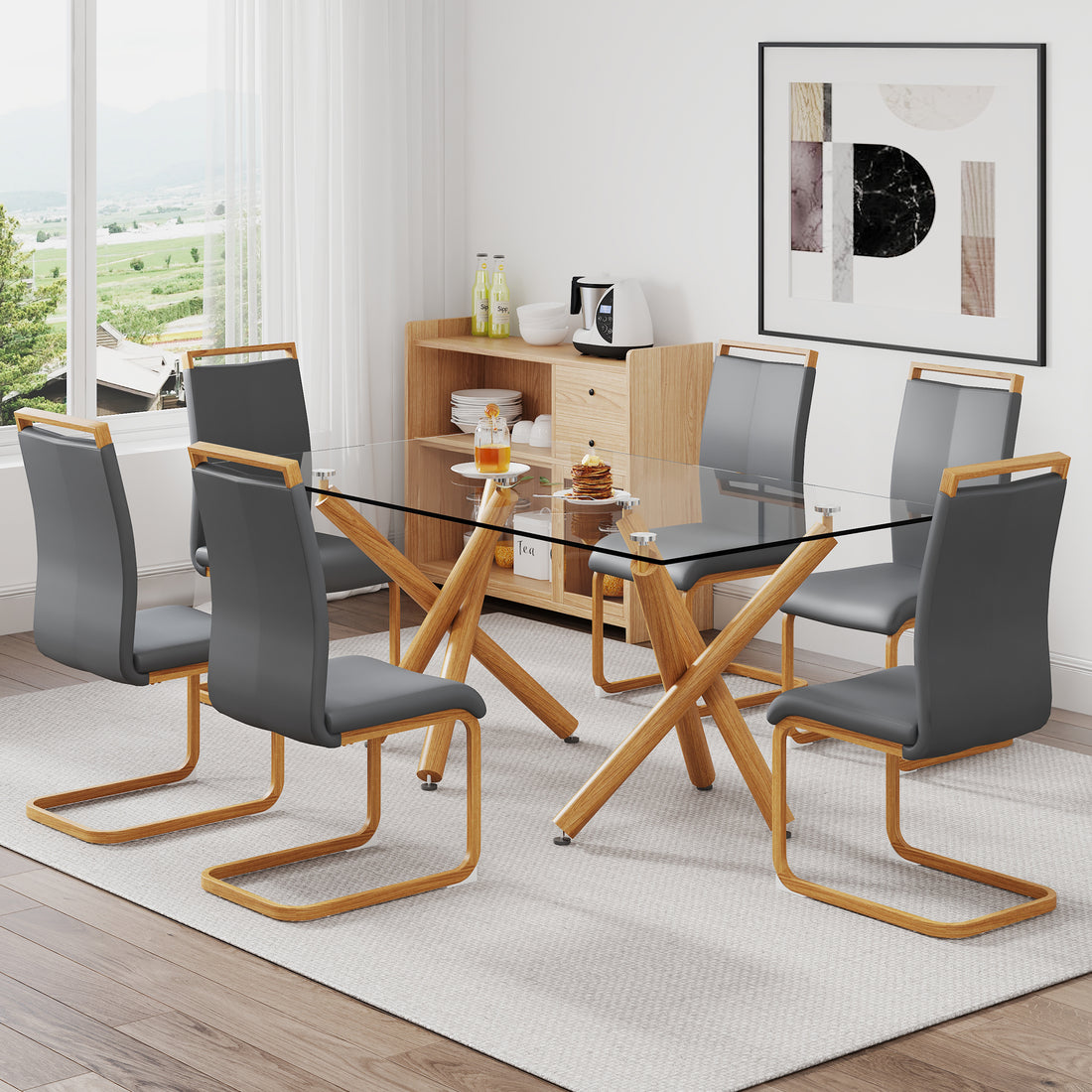 1 Table And 6 Chairs. Glass Dining Table With 0.39 "Tempered Glass Tabletop And Wooden Metal Legs. Grey Pu Leather High Backrest Soft Padded Side Chair With Wooden Color C Shaped Tube Chrome Metal Leg Transparent Glass