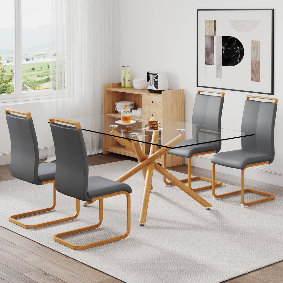 A Table With Four Chairs. Glass Dining Table With 0.39 "Tempered Glass Tabletop And Wooden Metal Legs. Pu Leather High Backrest Cushioned Side Chair With C Shaped Chrome Metal Legs. Transparent Glass