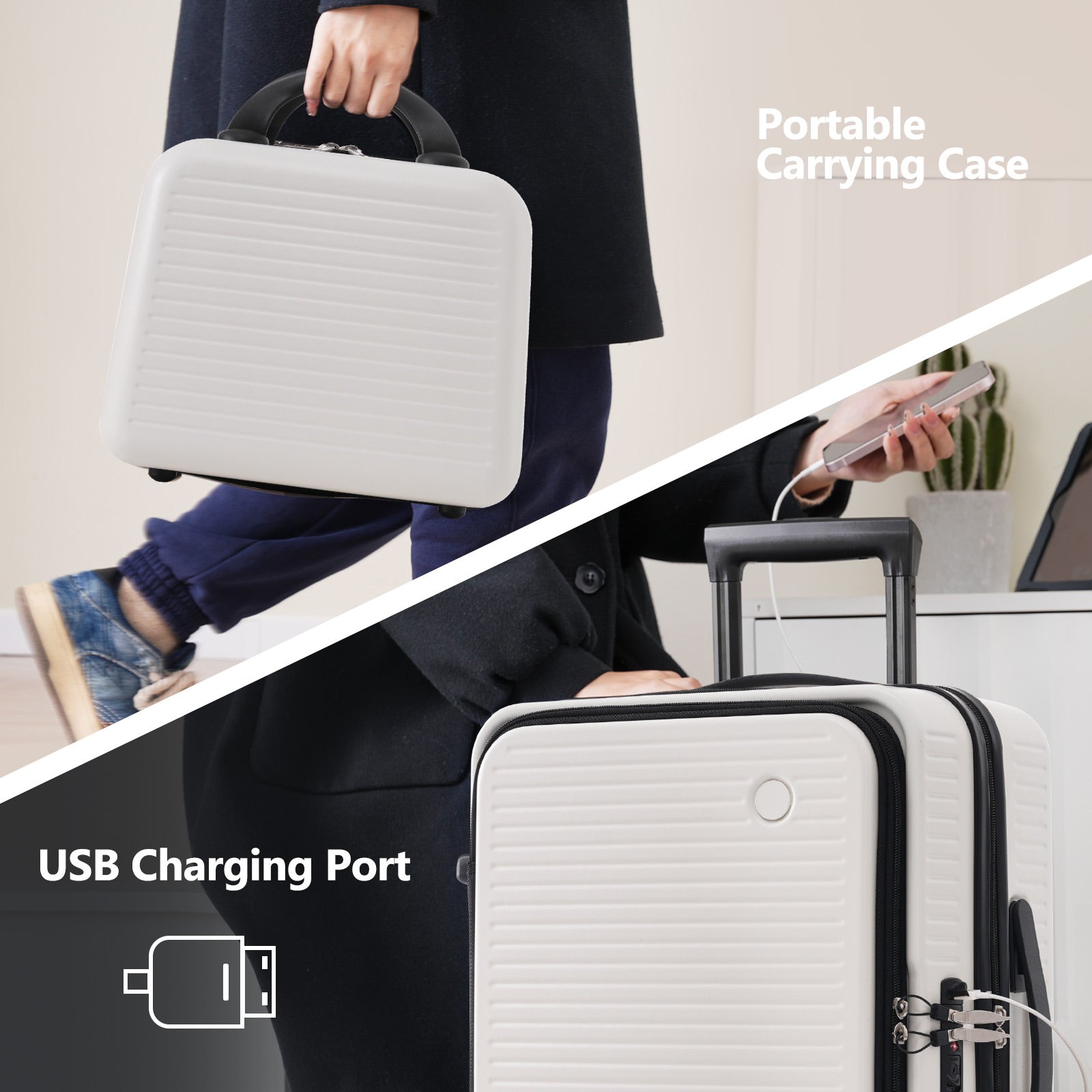 Carry On Luggage 20 Inch Front Open Luggage Lightweight Suitcase With Front Pocket And Usb Port, 1 Portable Carrying Case White Abs