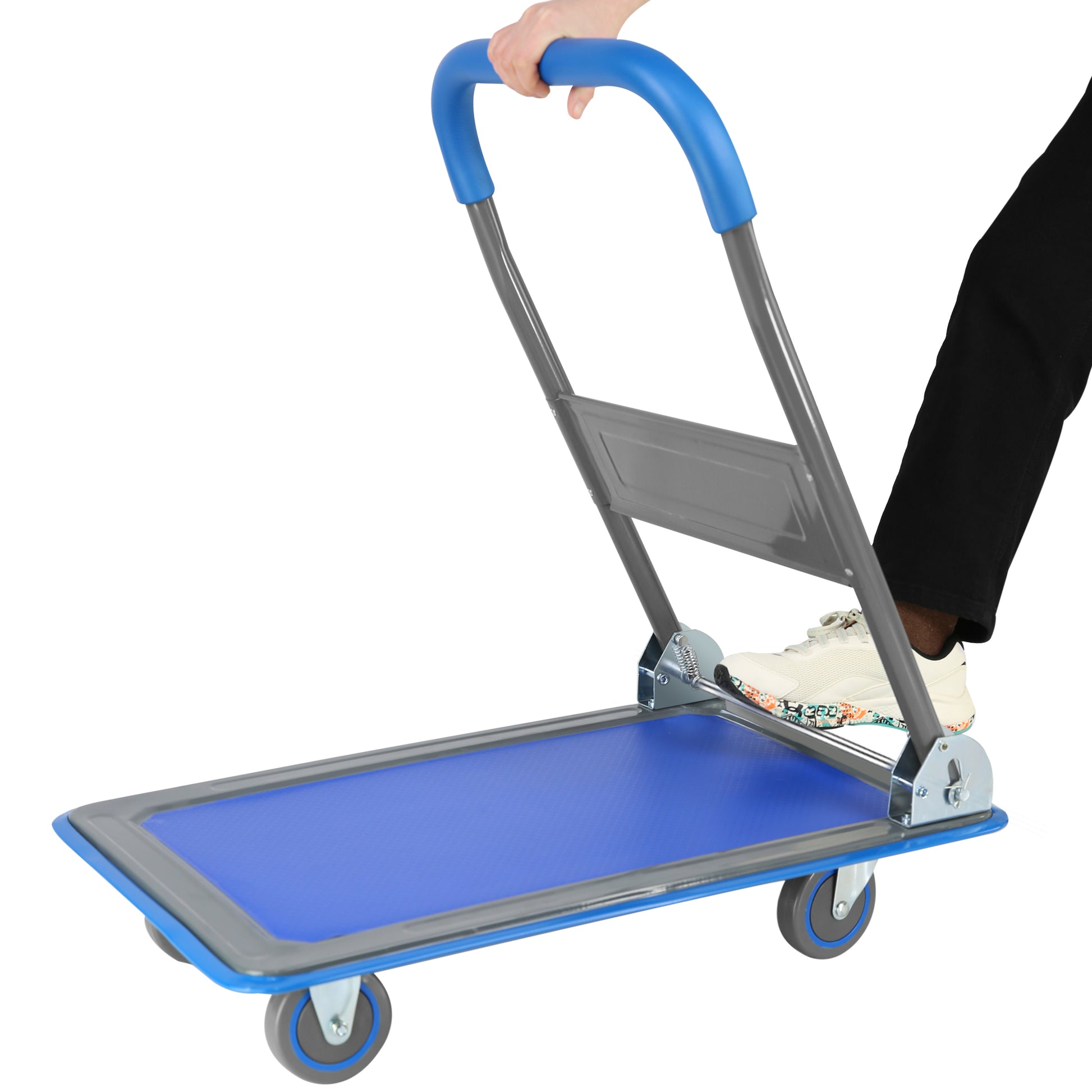 Upgraded Foldable Push Cart Dolly 330 Lbs. Capacity Moving Platform Hand Truck Heavy Duty Space Saving Collapsible Swivel Push Handle Flat Bed Wagon Blue Steel