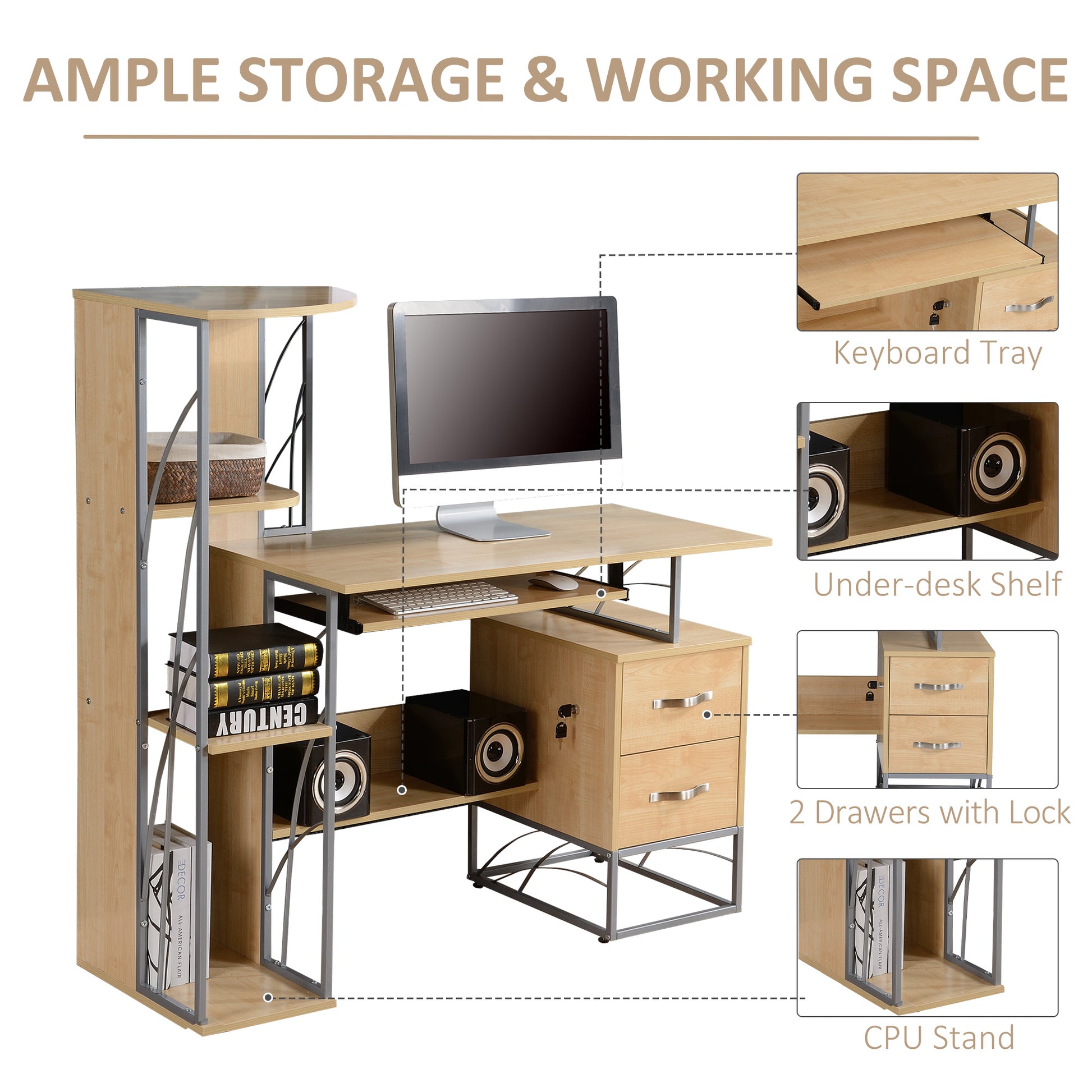 Homcom Modern Computer Desk With 4 Tier Bookshelf, Home Office Writing Table Workstation With Tower Storage Shelves Keyboard Tray & Lockable Drawers, Natural Natural Particle Board