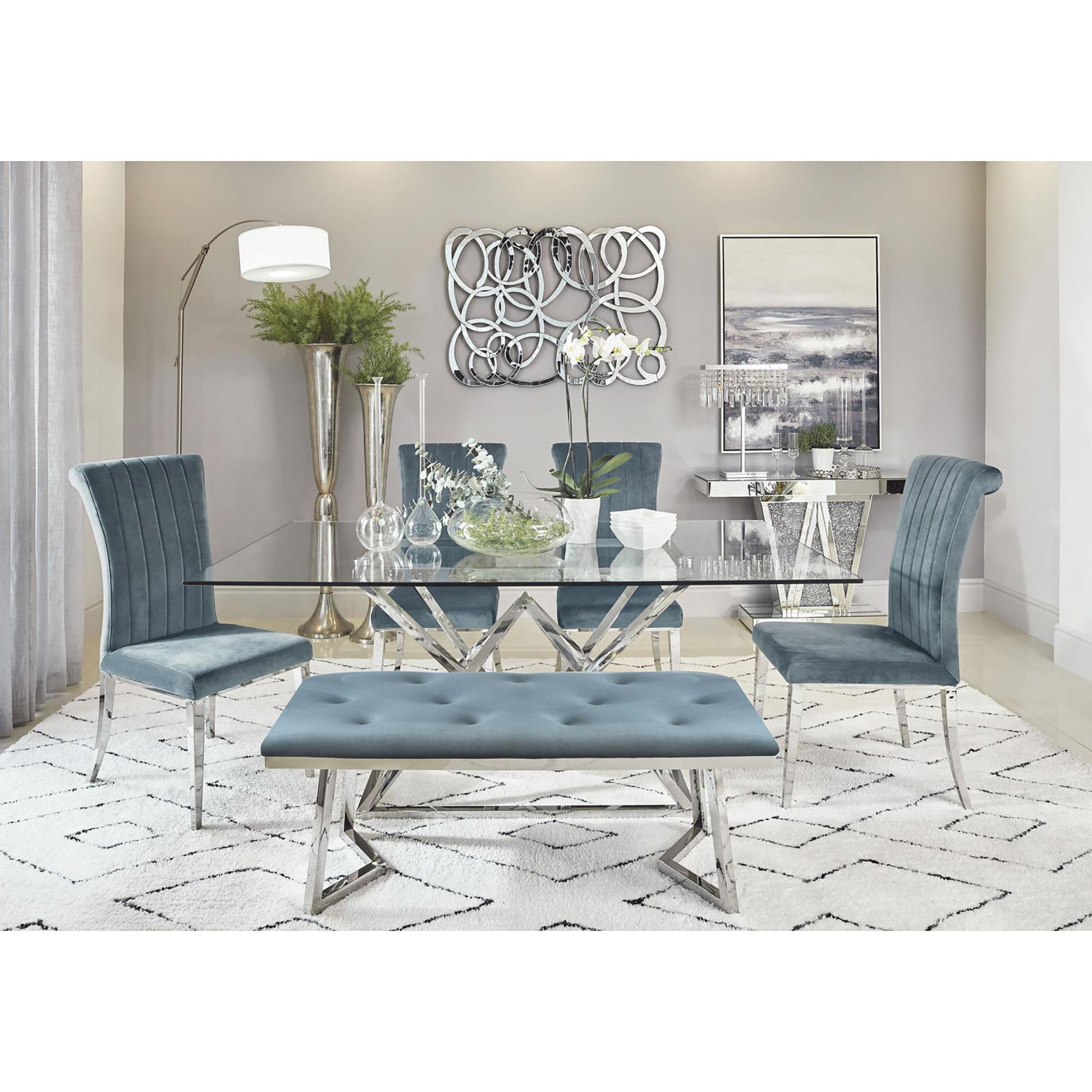 Dark Grey And Chrome Upholstered Tufted Bench Grey Dining Room Contemporary,Modern Dining Chairs Upholstered