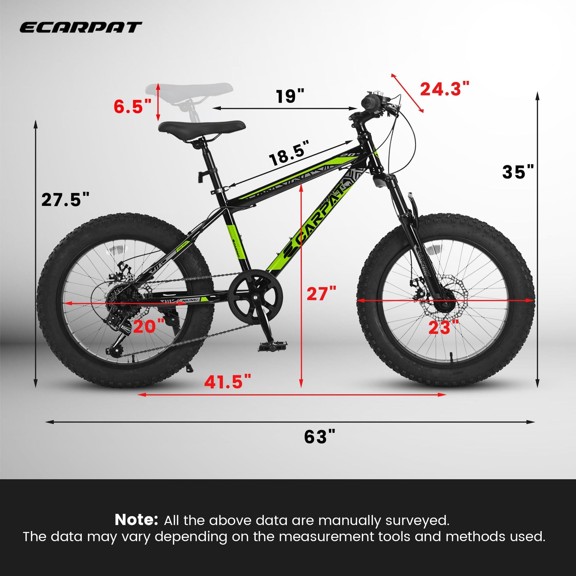 Ecarpat Kids Bike 20 Inch Wheels, 4" Wide Fat Tire Snow Mountain Bike Ages 8 12 Year Old, High Carbon Steel Frame, 7 Speed Teenager Children Kids' Bicycles Cycling Blackish Green Without Durable Garden & Outdoor Modern,Sporty Multifunctional Polyurethane