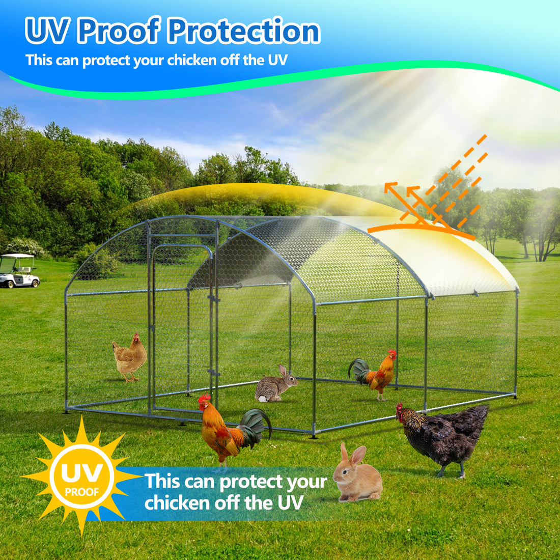 Metal Large Chicken Coop Walk In Poultry Cage Large Chicken Run Arc Shaped Cage With Waterproof Anti Ultravioletcover, 1.00" Diameter Tube 9.8' L X 13.1' W X 6.4' H Silver Steel