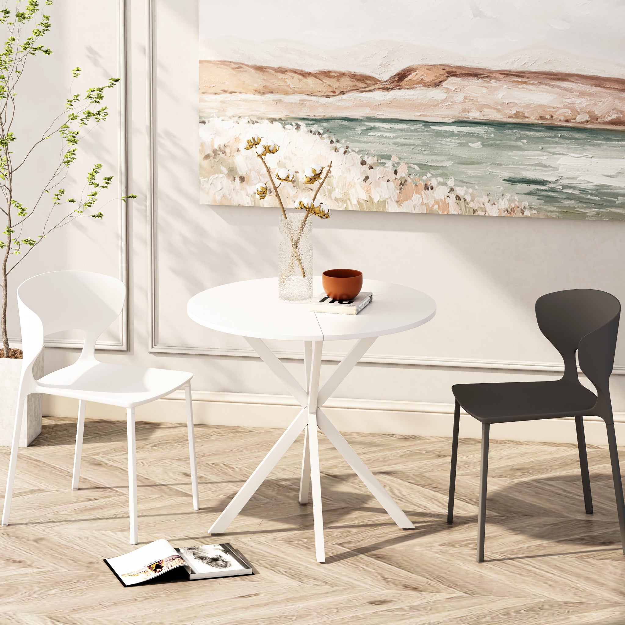 31.5'' Modern Round Dining Table with Crossed white-mdf+metal