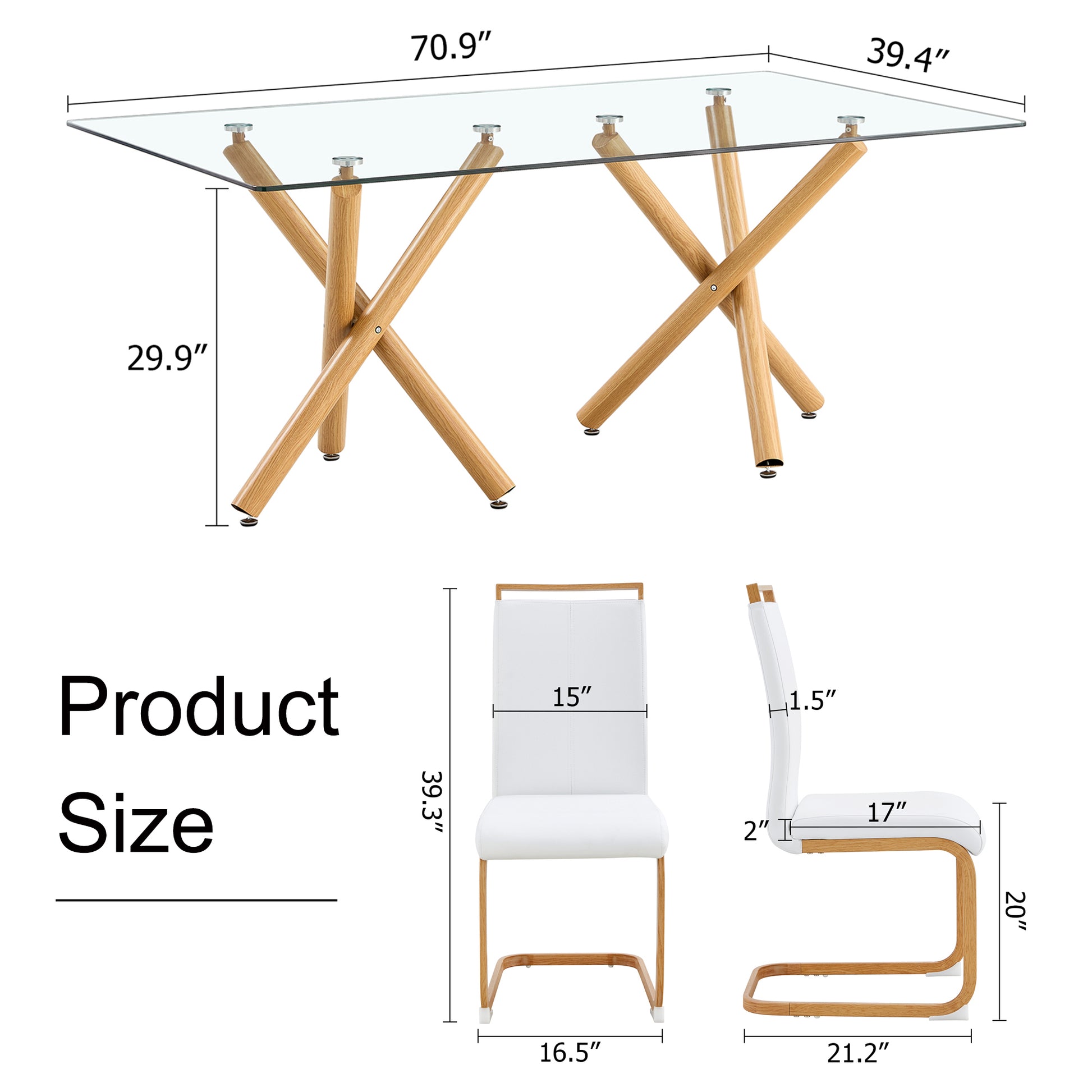 1 Table And 4 Chairs. Glass Dining Table With 0.39 "Tempered Glass Tabletop And Wooden Metal Legs. White Puleather High Backrest Soft Padded Side Chair With C Shaped Tube Chrome Metal Leg Transparent Glass