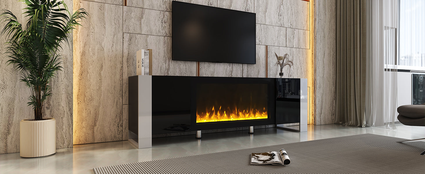 Modern Tv Stand With 34.2" Non Heating Electric Fireplace, High Gloss Entertainment Center With 2 Cabinets, Media Console For Tvs Up To 78", Black Black Primary Living Space 70 79 Inches 70 79 Inches Modern Mdf