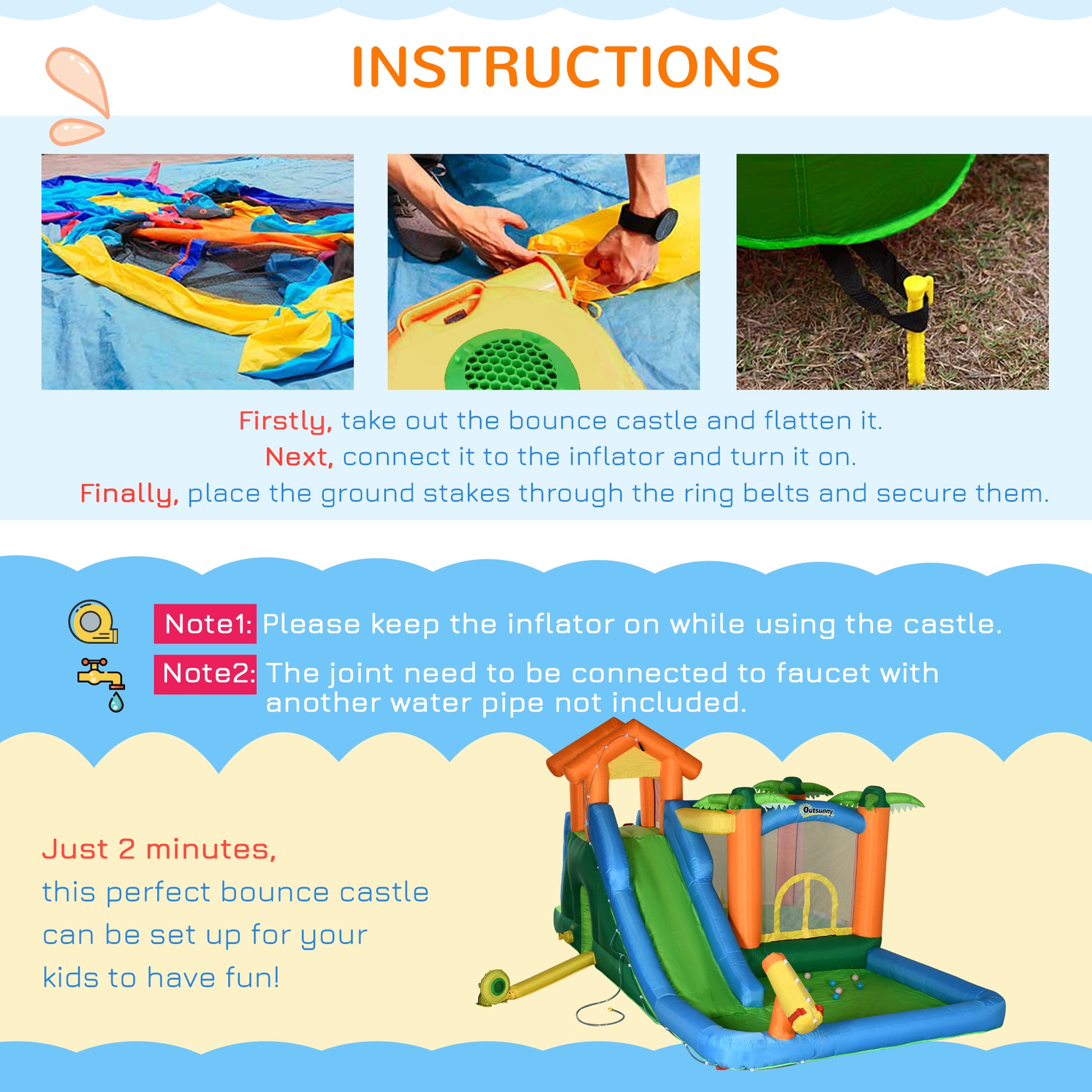 Outsunny 6 In 1 Tropical Inflatable Water Slide Summer Theme Jumping Castle Includes Floating Ball Slide Trampoline Pool Cannon Climbing Wall With Carry Bag, Repair Patches And 450W Air Blower Multicolor Fabric