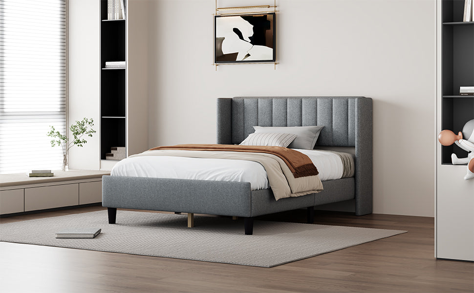 Queen Size Upholstered Platform Bed Frame With Headboard, Mattress Foundation, Wood Slat Support, Quiet, No Box Spring Needed, Easy To Assemble Light Grey Light Gray Wood