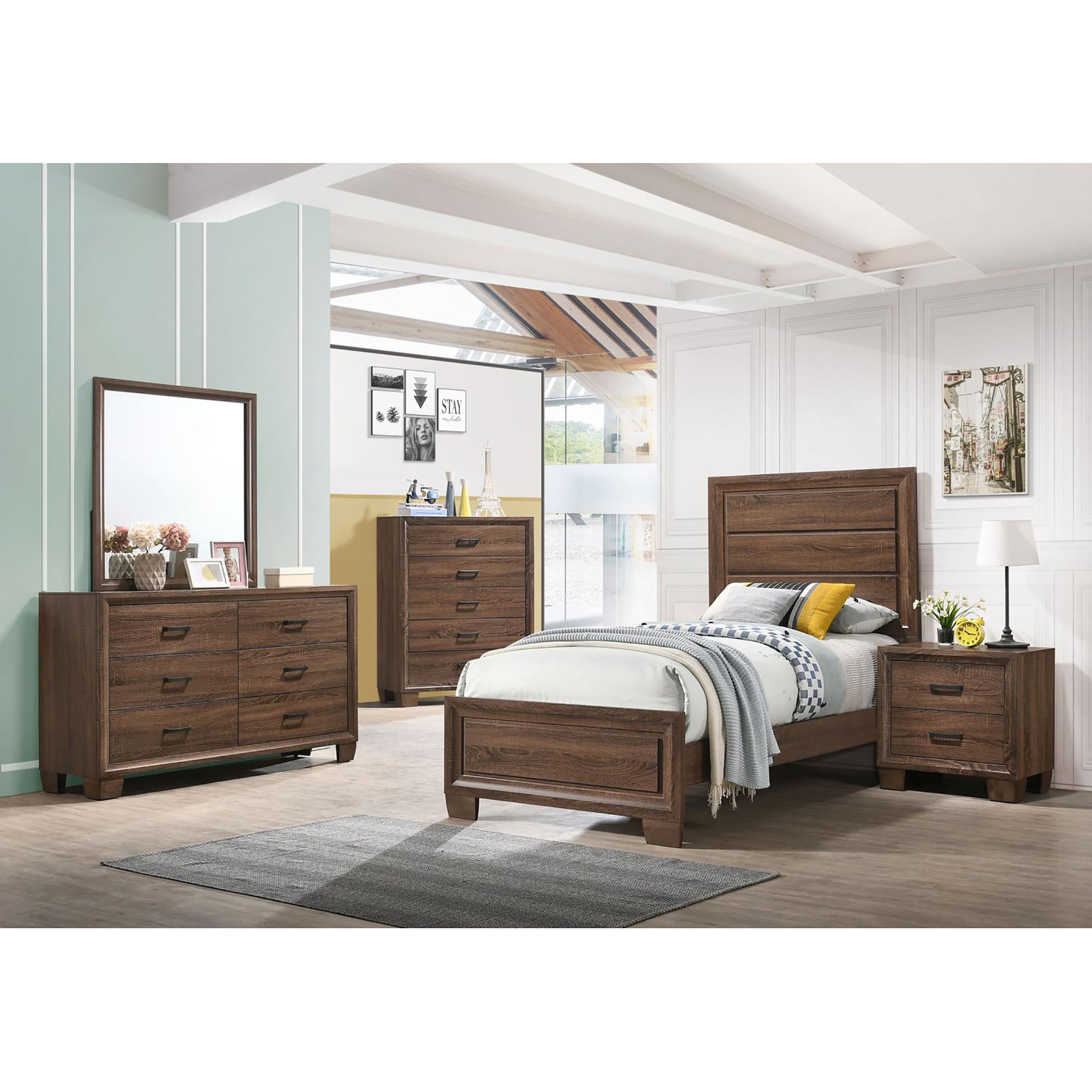 Medium Warm Brown Twin Panel Bed Box Spring Required Twin Brown Wood Brown Bedroom Transitional Rubberwood Kids Wood