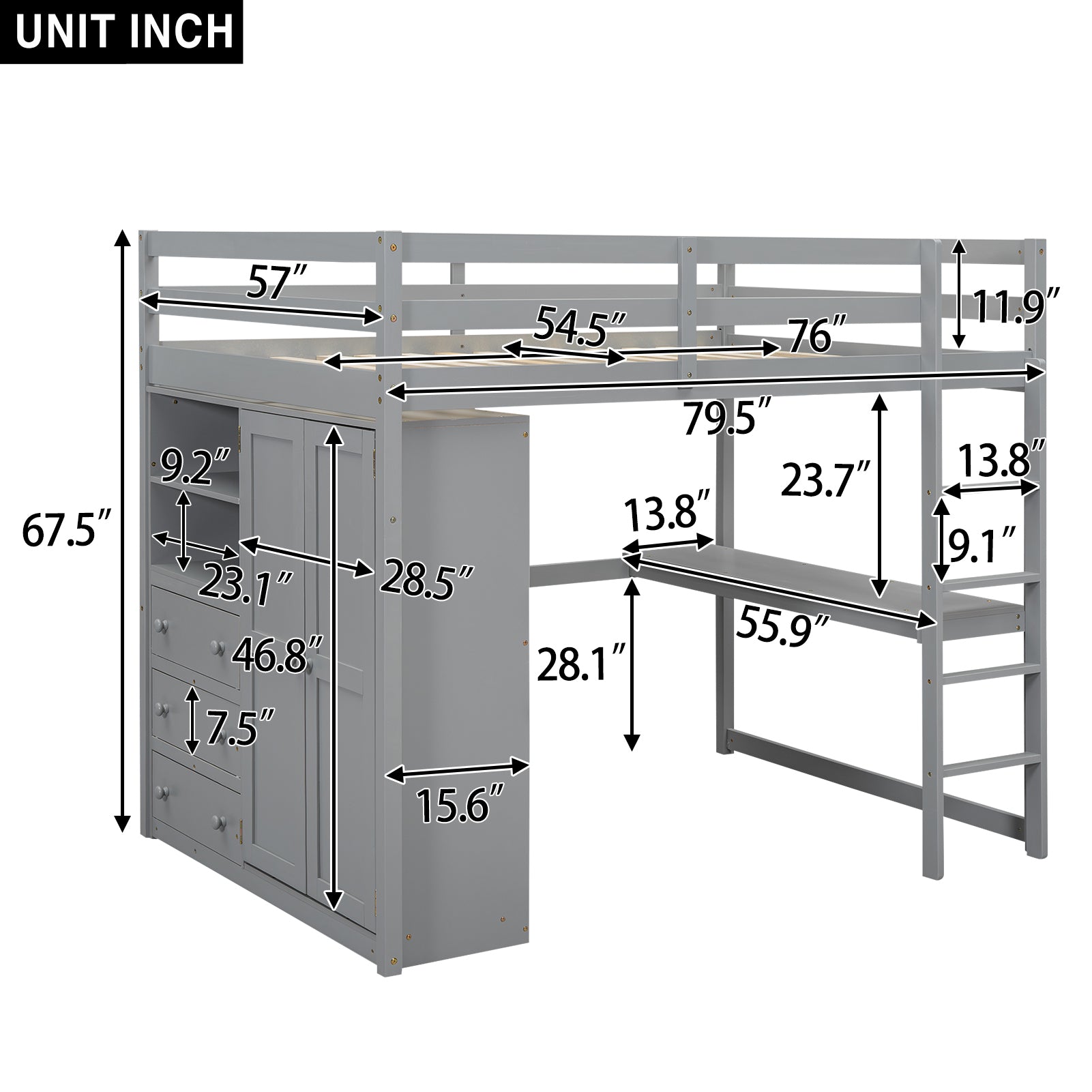 Wood Full Size Loft Bed With Built In Wardrobe, Desk, Storage Shelves And Drawers, Gray Box Spring Not Required Full Gray Wood Bedroom Bed Frame Solid Wood Mdf